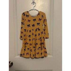MINIKIN MISCHIEF Girls Bow Print Tiered Dress Size 3T Yellow Long Sleeve